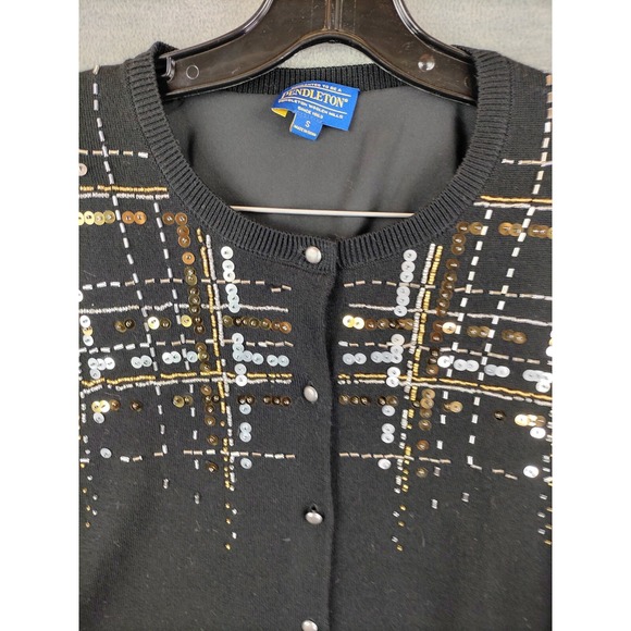 Pendleton Womens Sweater Small Black Knit Merino Wool Sequin Retro Glam Cardigan - Picture 2 of 10